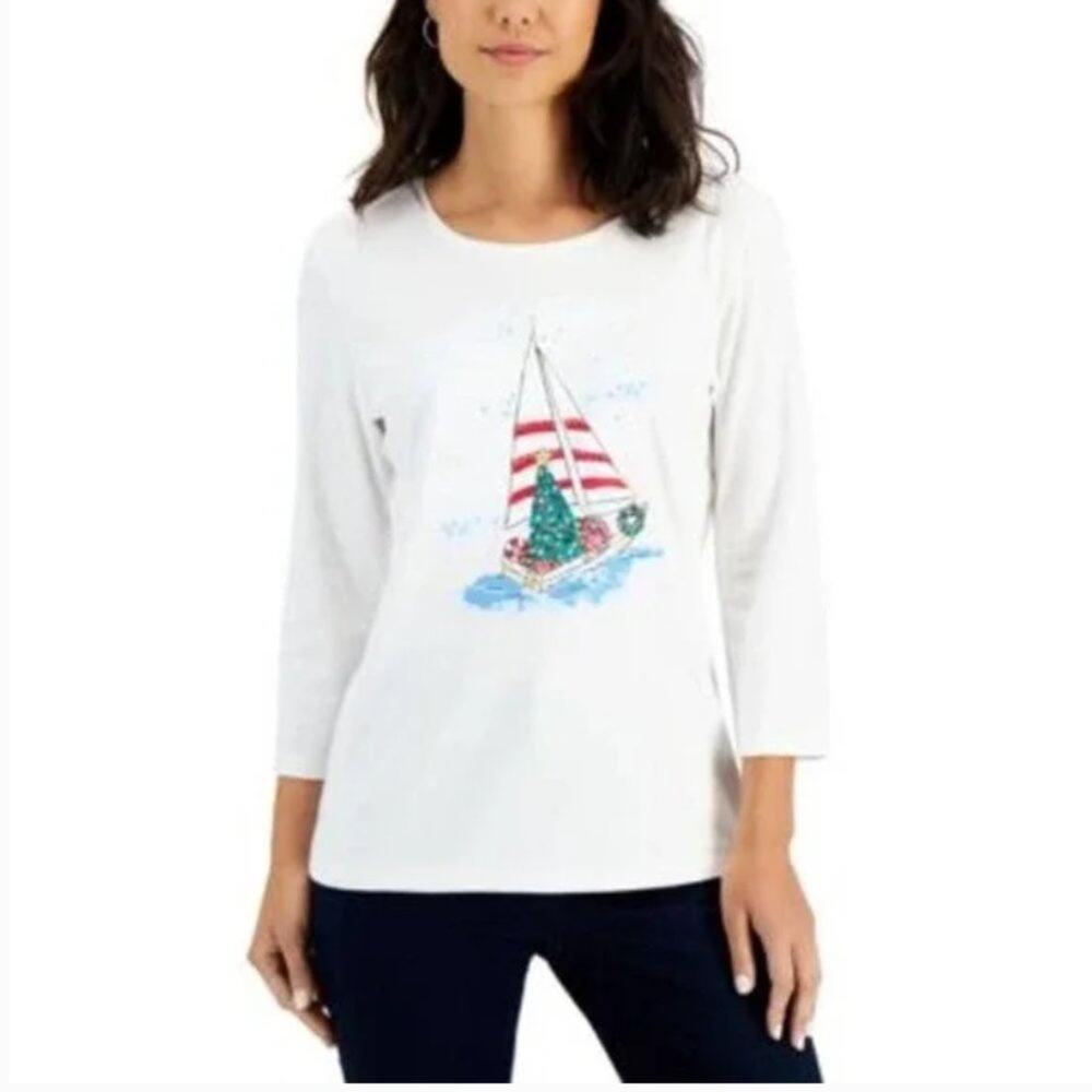 Karen Scott Long Sleeve Holiday Sailboat Tee
